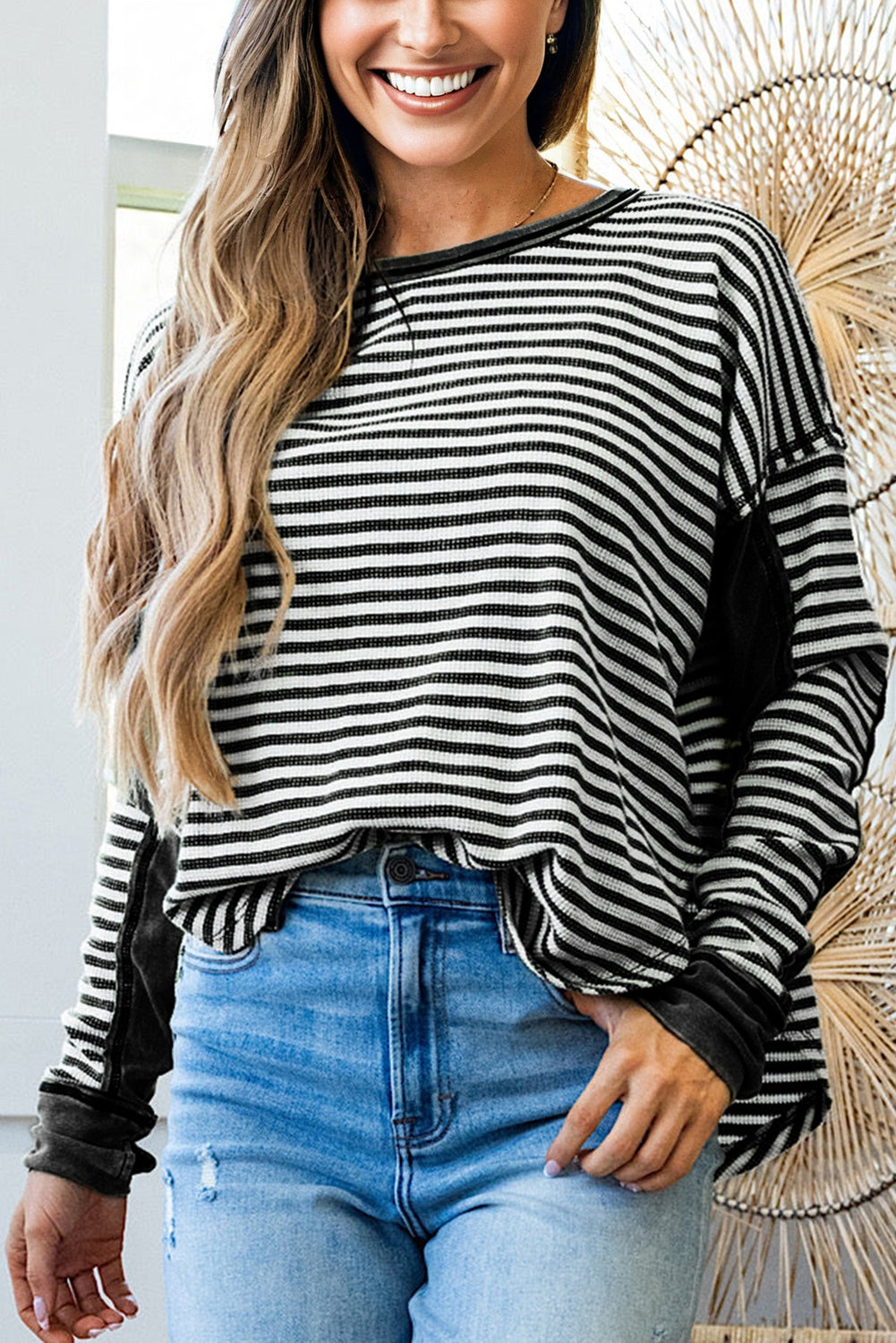 Green Striped Patchwork Knit Drop Shoulder Top