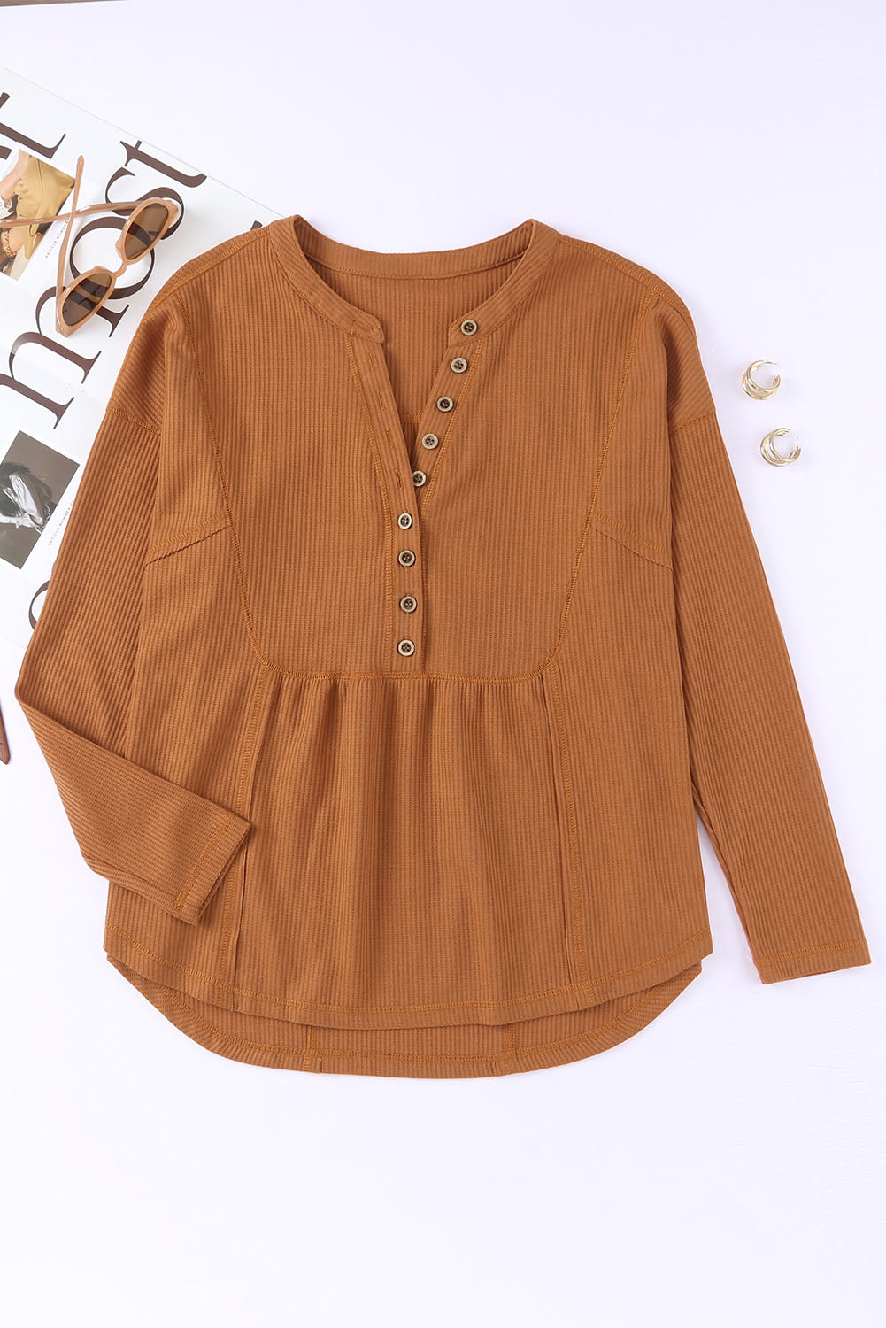 Brown Waffle Knit Casual Button Henley Top
