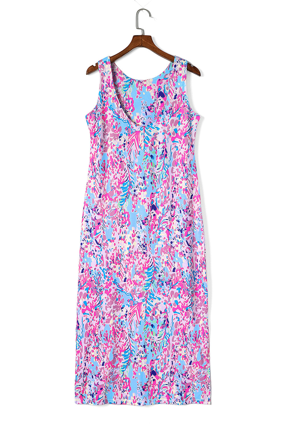 Purple Fluorescent Printed Round Neck	 Sleeveless Maxi Dress