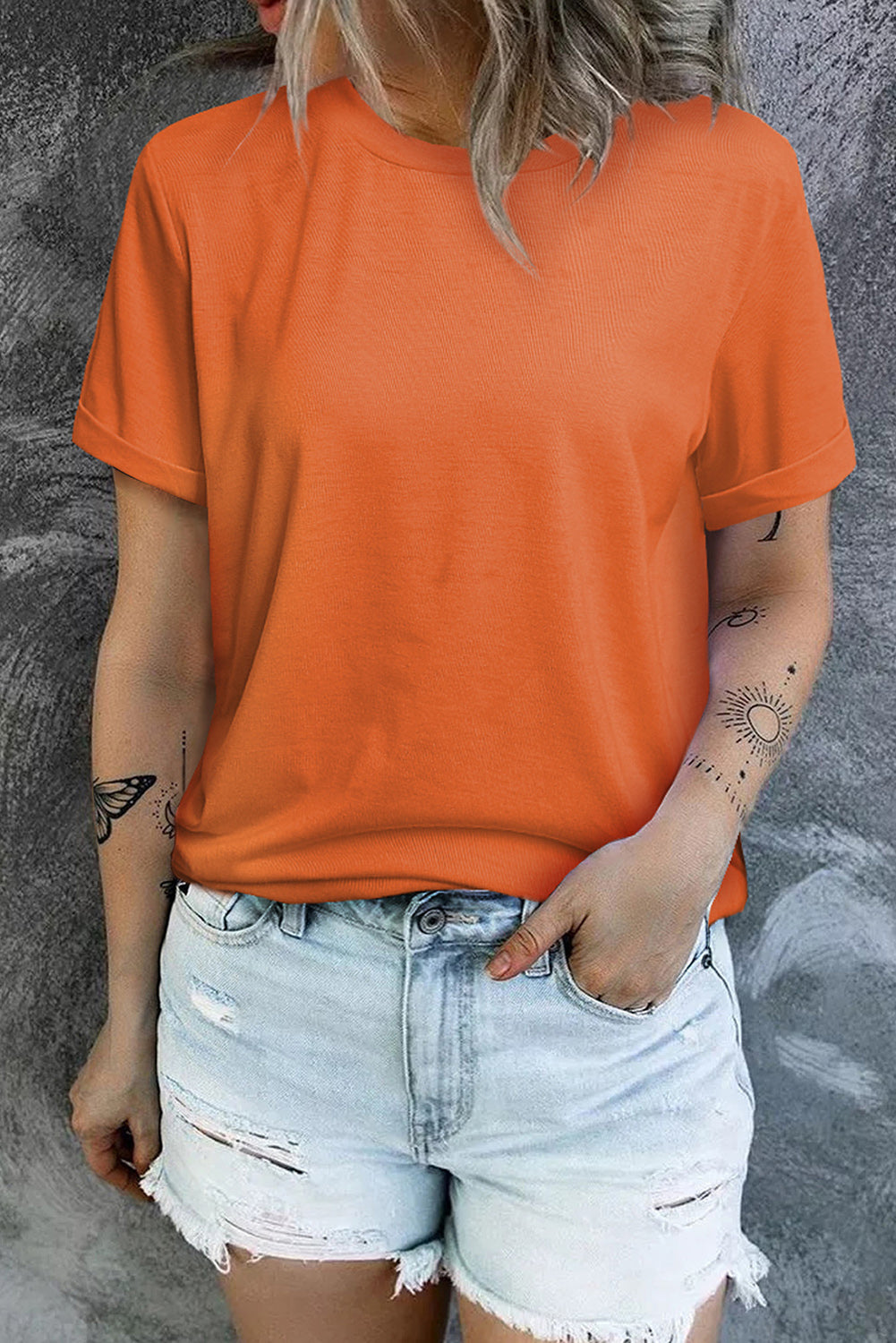 Green Plain Solid Color Crew Neck Tee