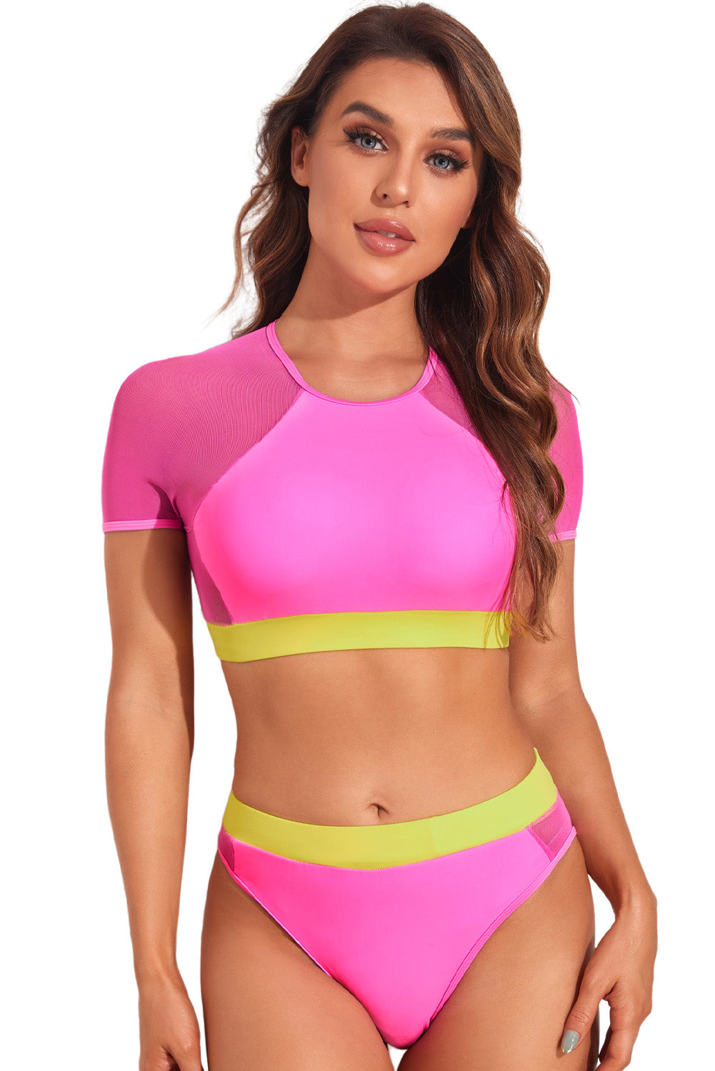 Rose Sexy Mesh Contrast Trim Short Sleeve Two Piece Swimsuit