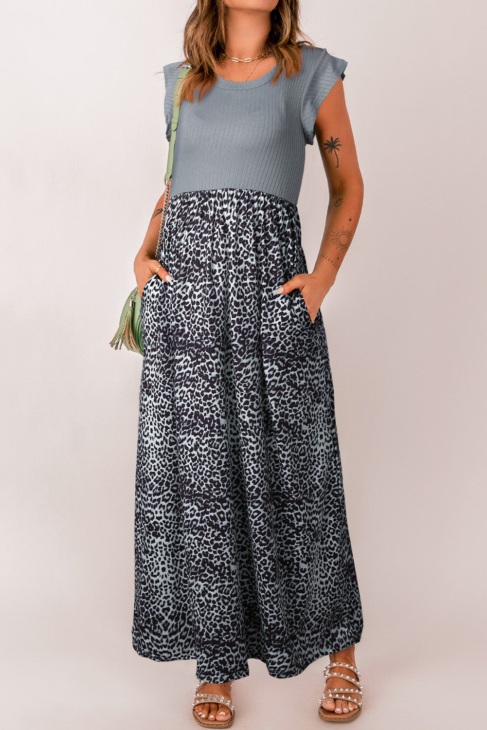 Black Leopard Print Casual Cap Sleeve Pocket Dress
