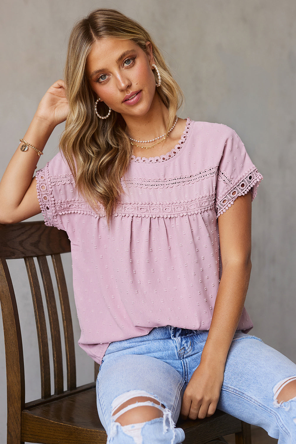 Apricot Swiss Dot Crochet Eyelet Back Button Detail Blouse