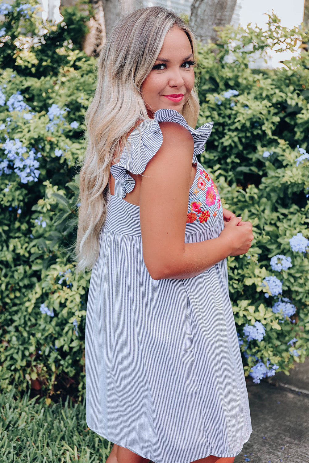 Sky Blue Striped Floral Embroidered Ruffled Sleeveless Short Dress