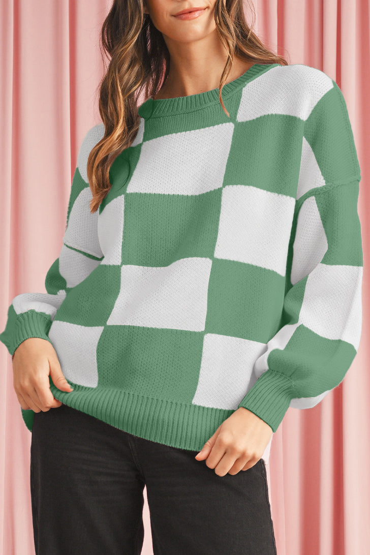 Dark Brown Plaid Bishop Sleeve Pullover Sweater - Kustom Kreations Goods