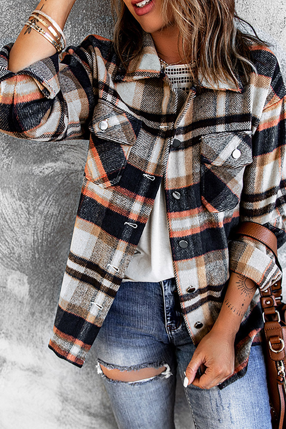 Multicolor Plaid Casual Button Up Flannel Jacket