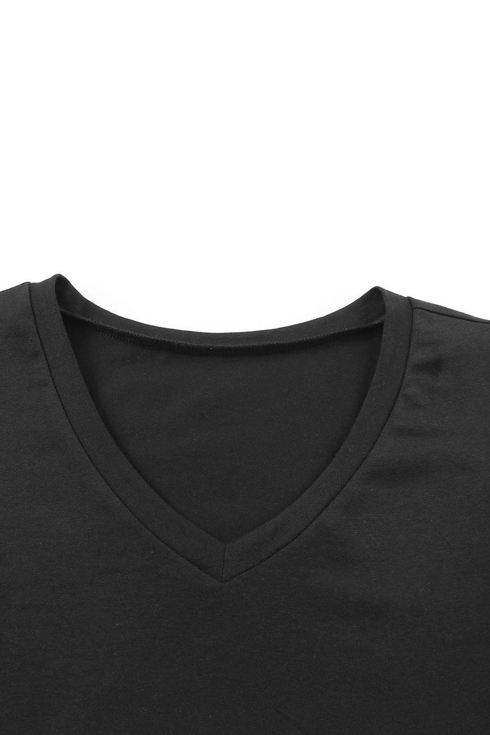 Black Puff Sleeve Casual V Neck T-Shirt