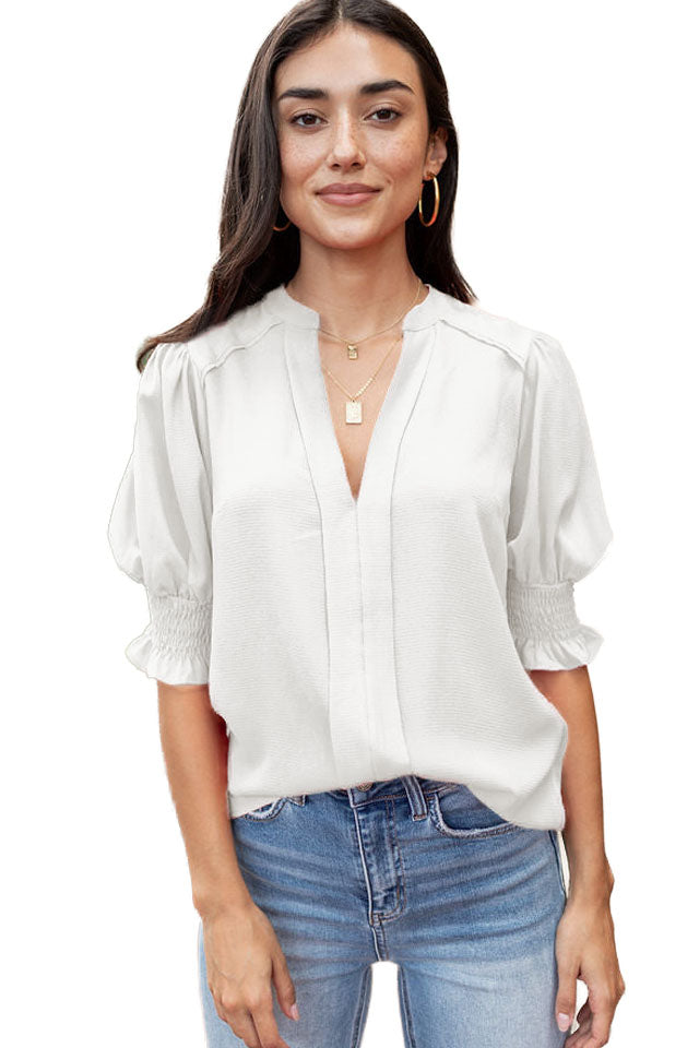 Apricot Solid Puffed Sleeve Shirred V Neck Blouse