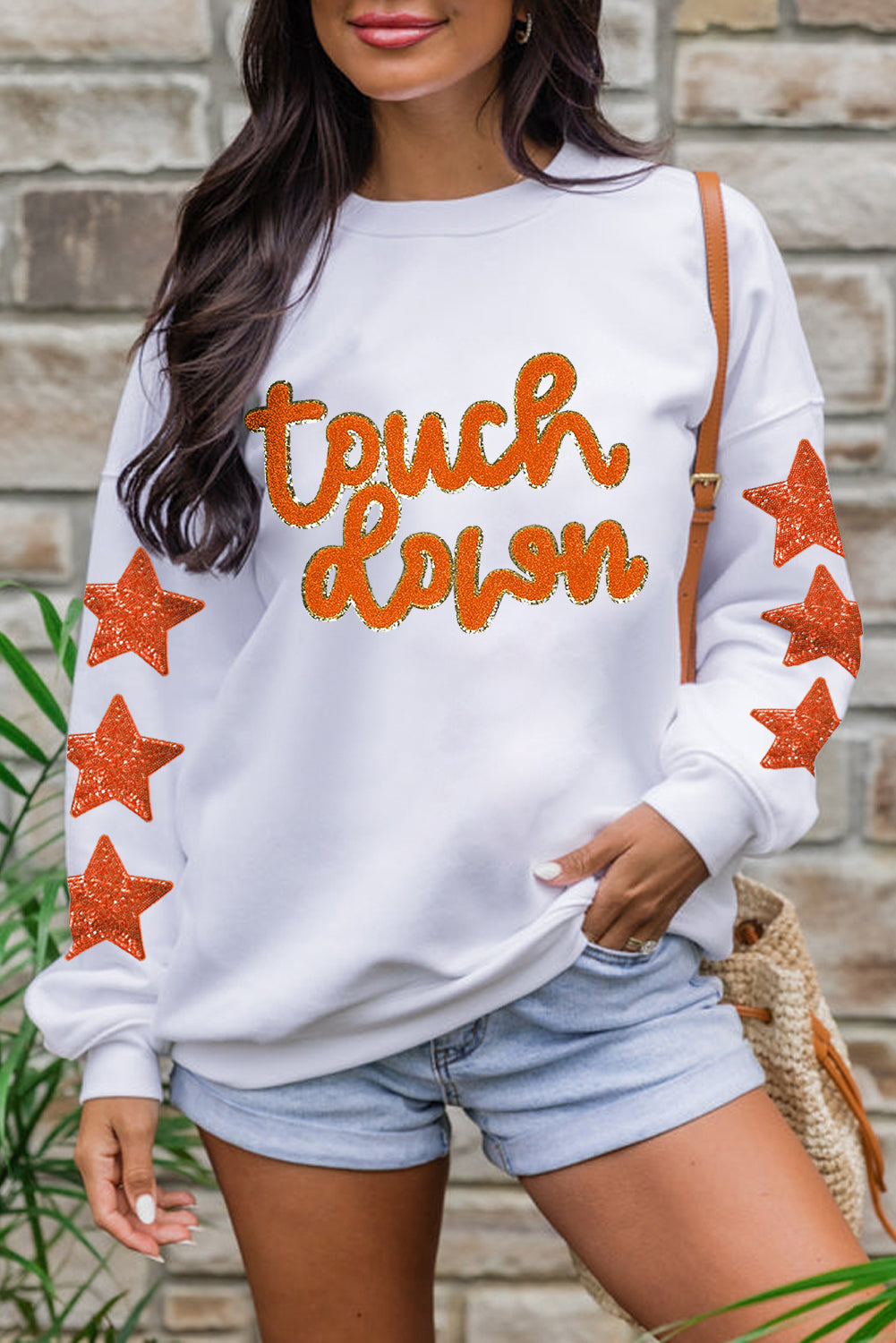 Beige Glittering Touch Down Patched Pattern Star Sleeve Sweatshirt - Kustom Kreations Goods