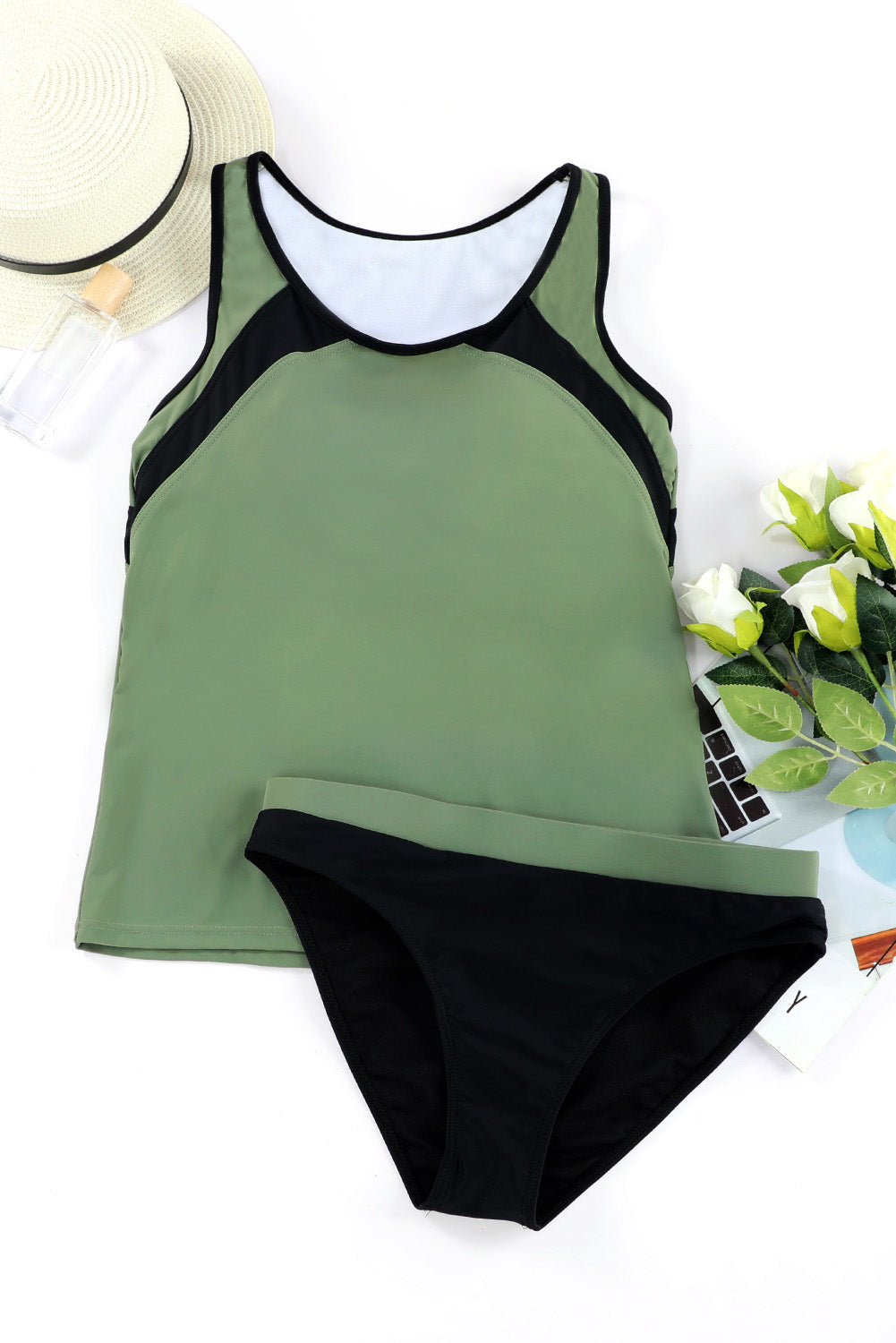 Green Patchwork Casual U Neck Tankini Swimsuit