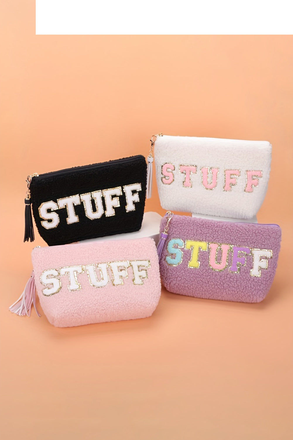 Phalaenopsis STUFF Letter Pattern Tassel Zipper Makeup Bag