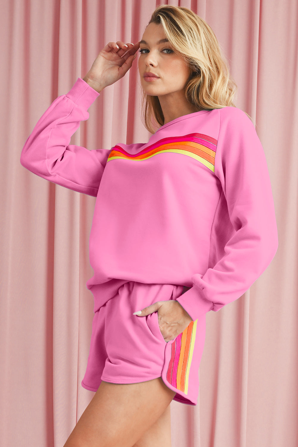 Black Colorful Striped Long Sleeve Pullover and Shorts Set - Kustom Kreations Goods