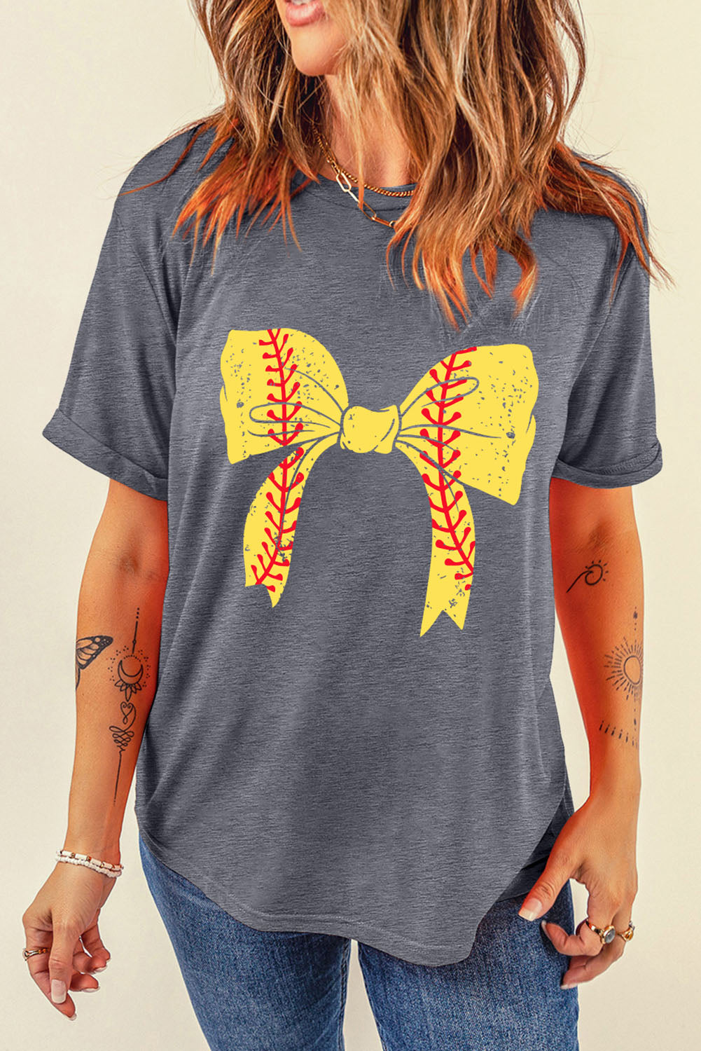 Black Baseball Bowknot Graphic Roll Up Sleeve Tee - Kustom Kreations Goods