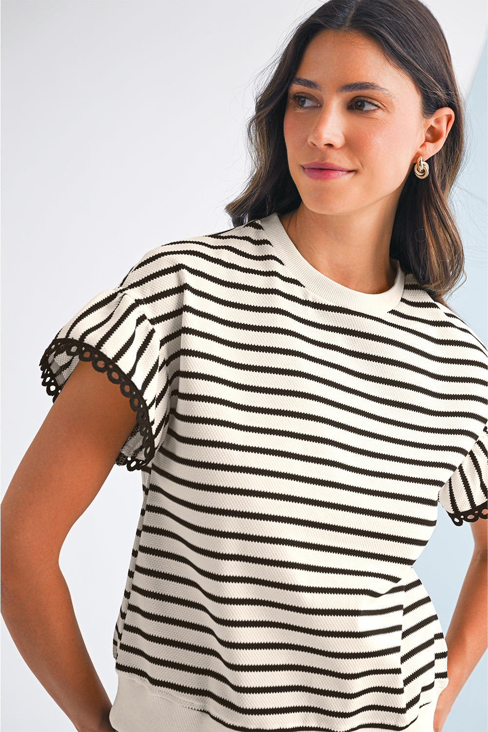 Black Stripe Scallop Lace Trim Ruffle Sleeves Crewneck Top - Kustom Kreations Goods