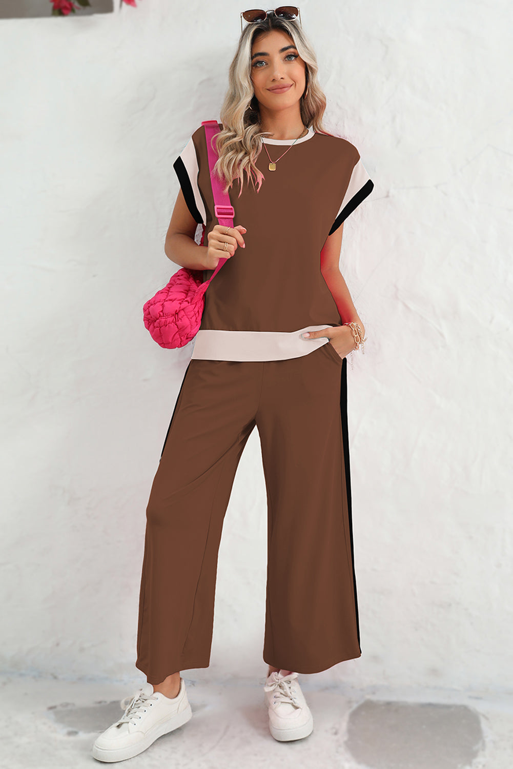 Chestnut Colorblock Cap Sleeve Tee and Wide Leg Pants Set