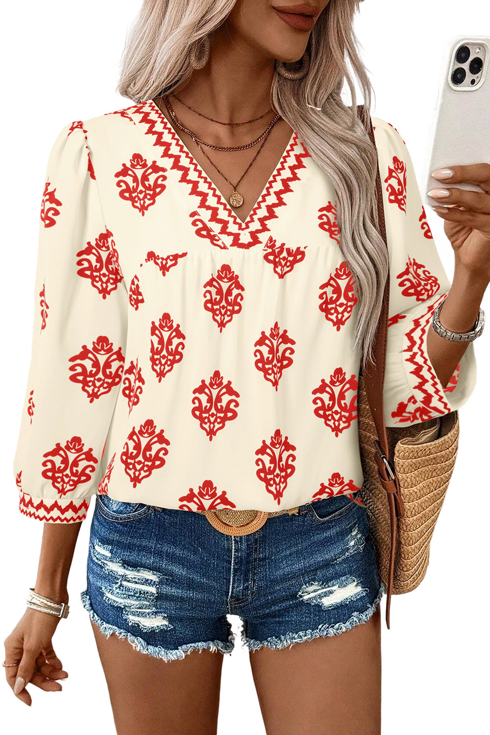 Green Damask Floral Print Contrast V Neck 3/4 Sleeve Blouse - Kustom Kreations Goods