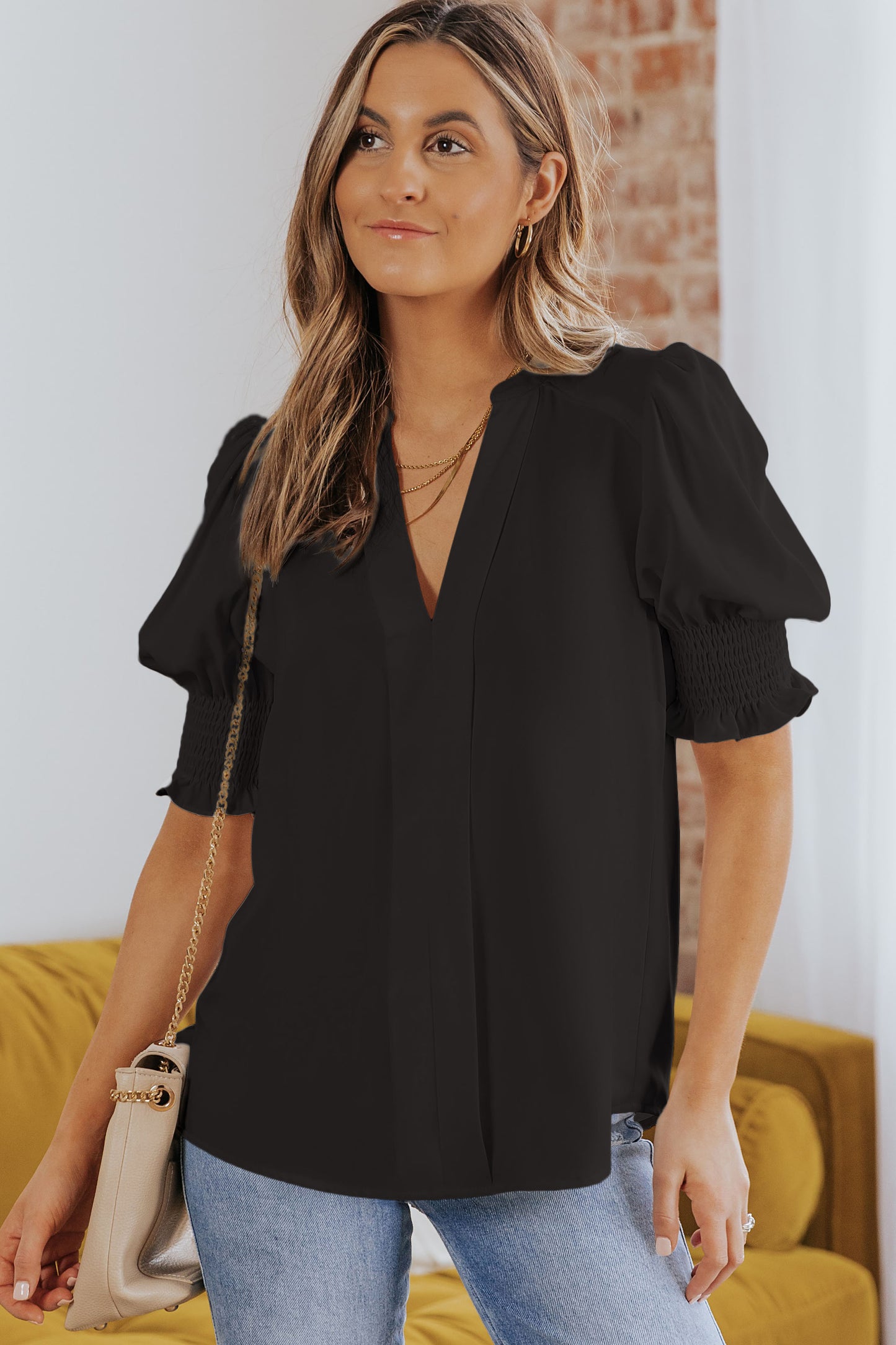 Apricot Solid Puffed Sleeve Shirred V Neck Blouse