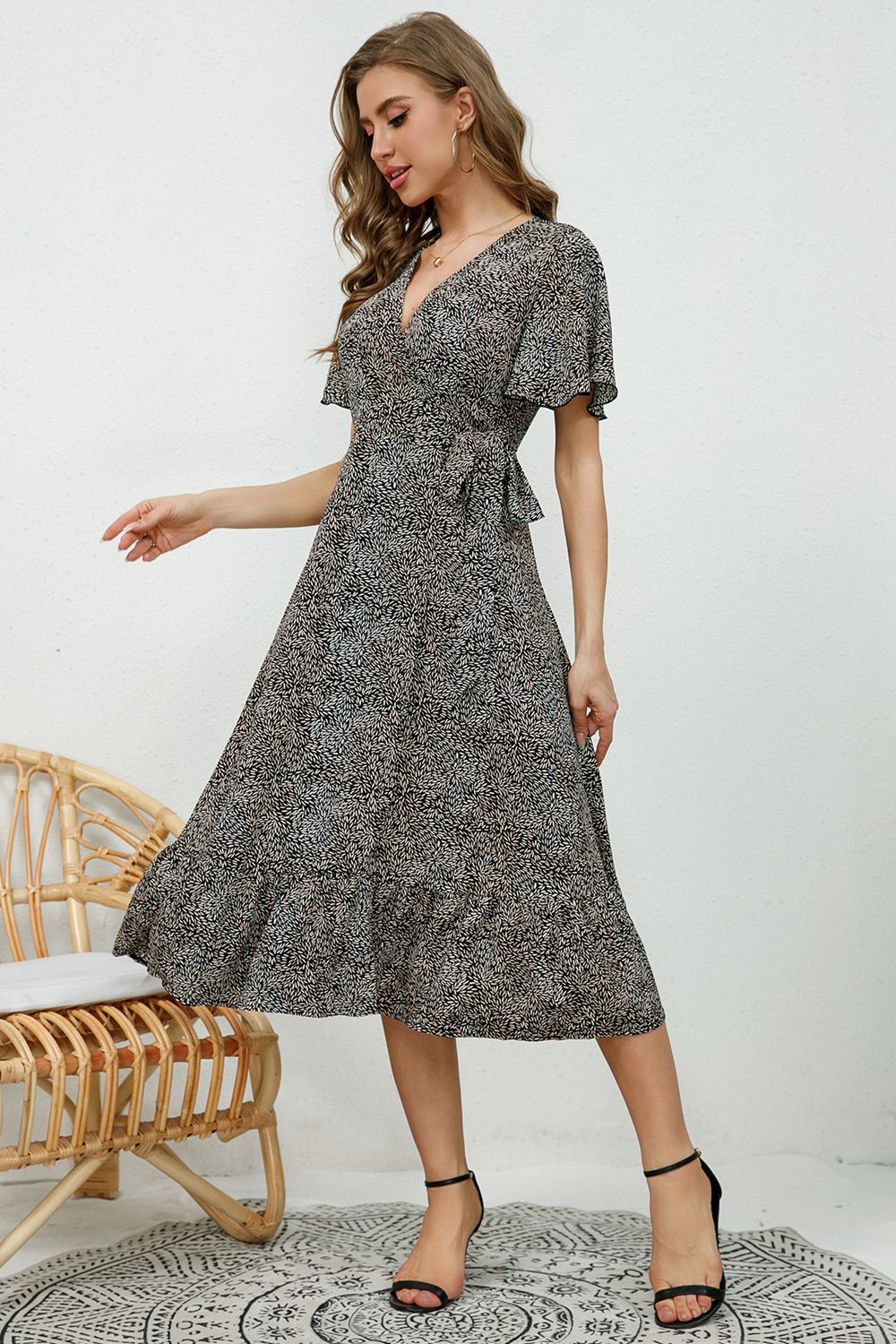 Printed V-Neck Flutter Sleeve Midi Dress