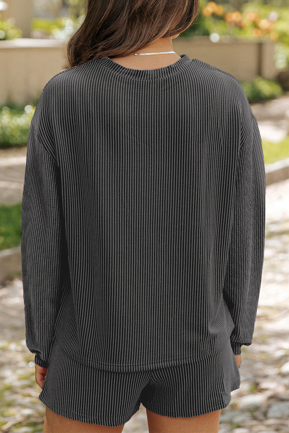 Carbon Grey Twisted Ribbed Merry & Bright Sequin Graphic Long Sleeve Top 2pcs Short Set