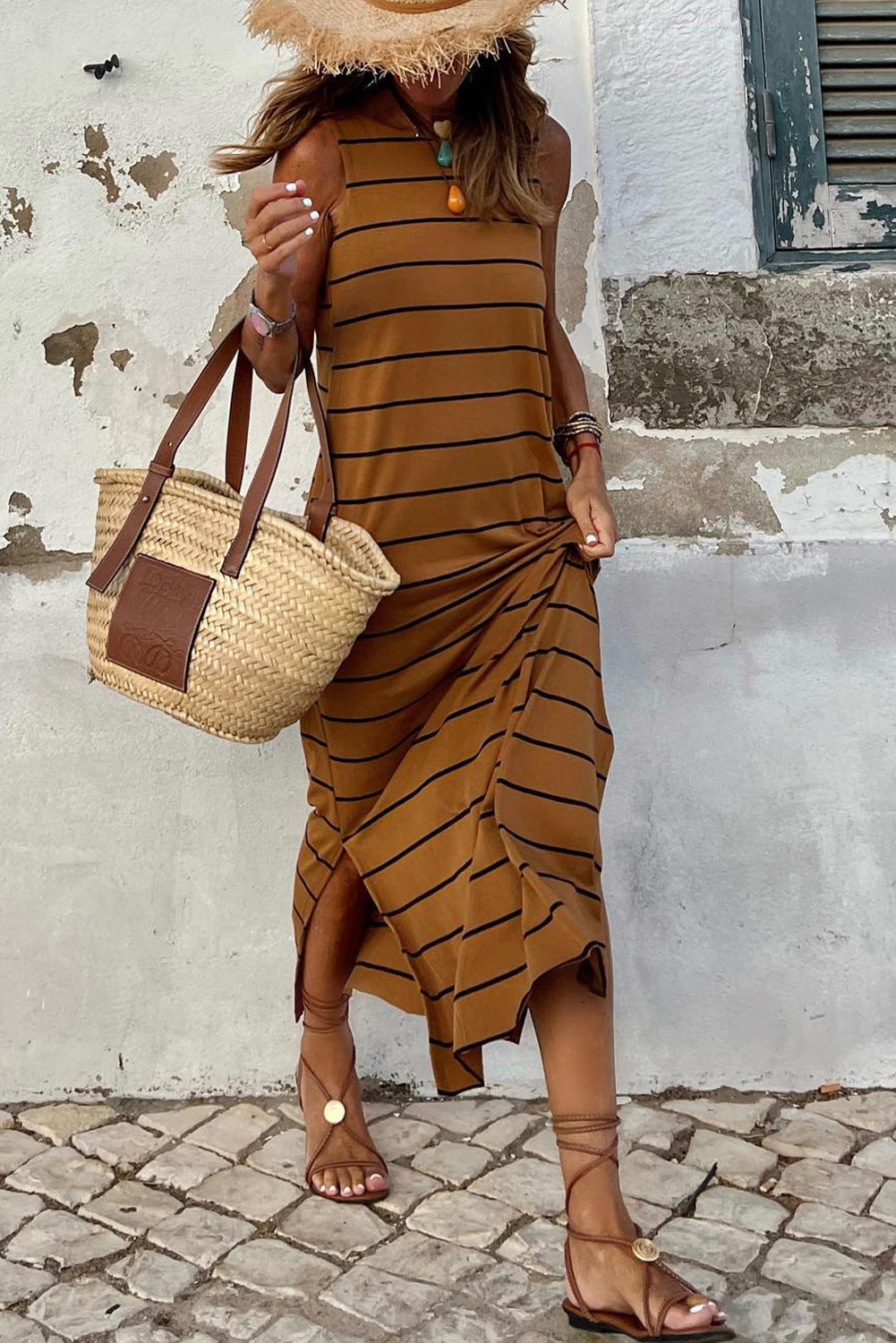 White Stripe Print Open Back Sleeveless Maxi Dress With Slits