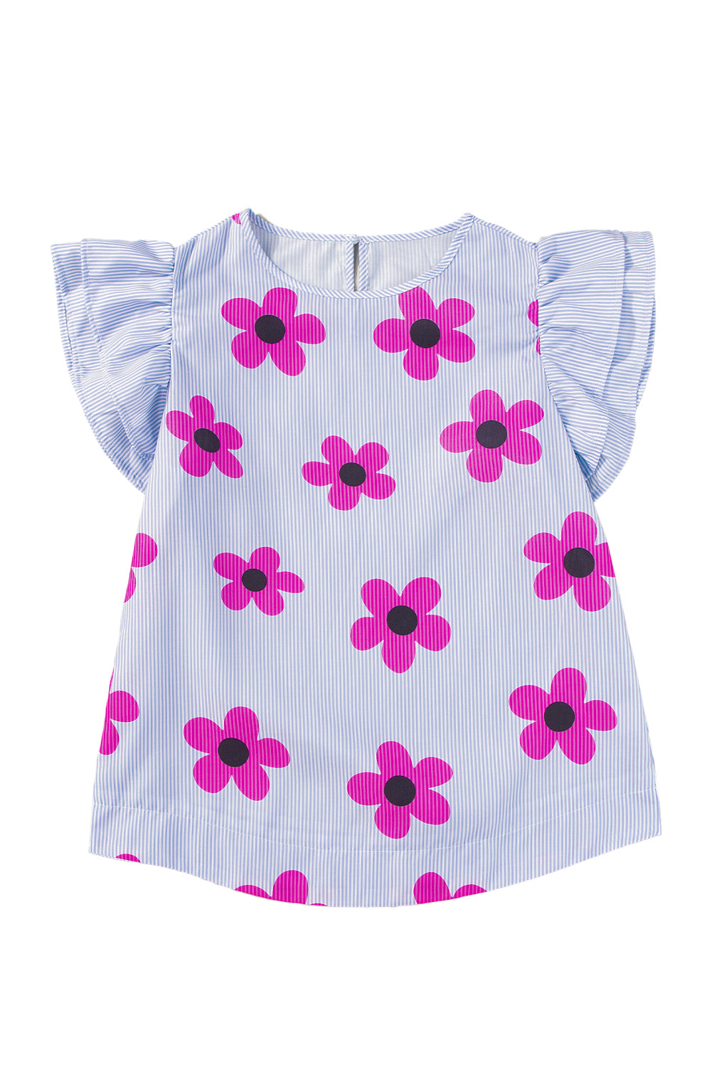 Sky Blue Stripe Floral Print Ruffled Flutter Sleeve Blouse