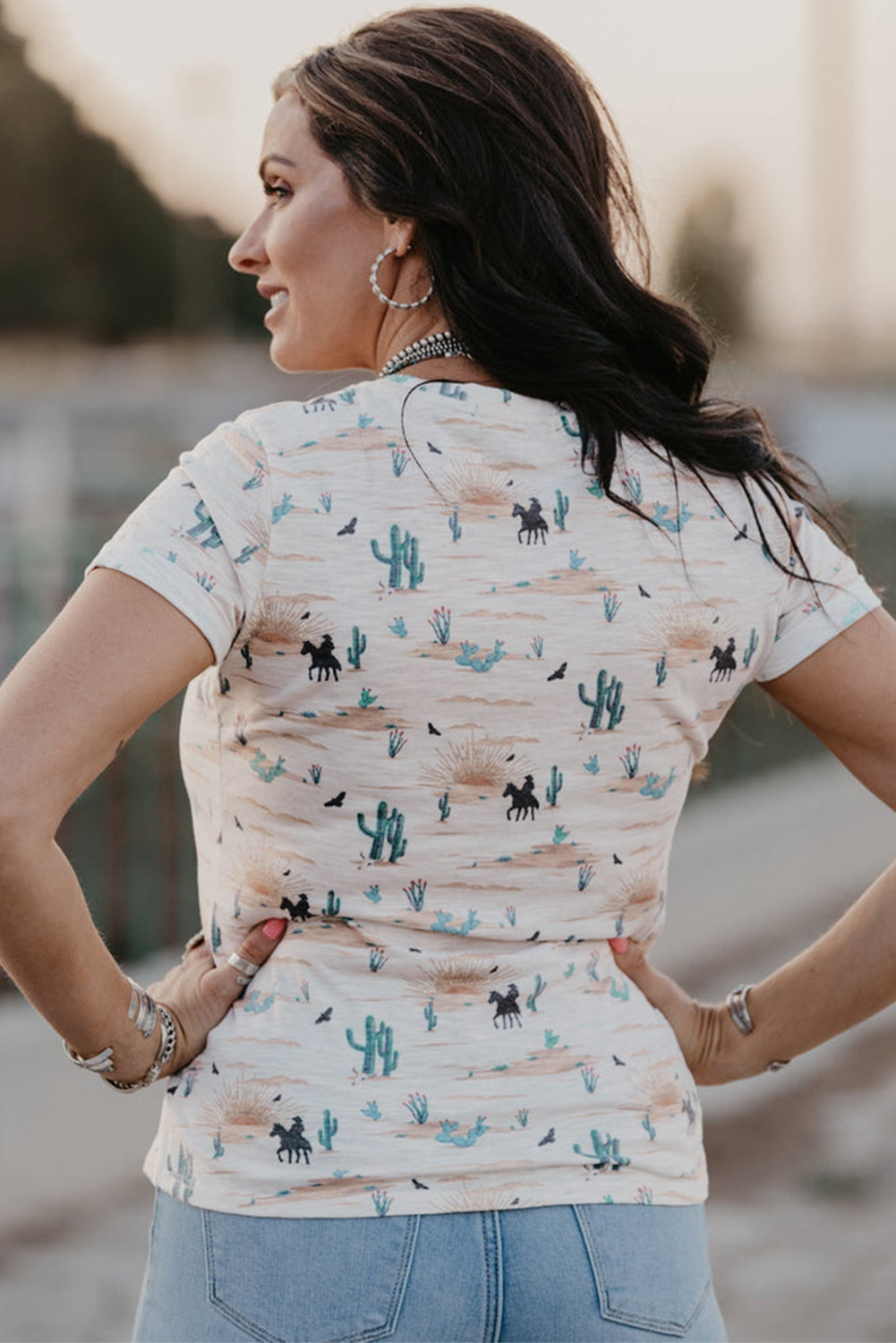 Beige Cactus Print Crew Neck Short Sleeve Top - Kustom Kreations Goods