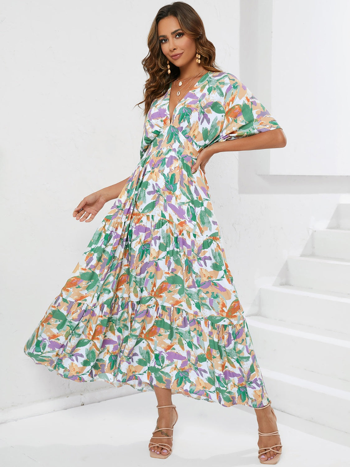 Printed Plunge Half Sleeve Midi Dress