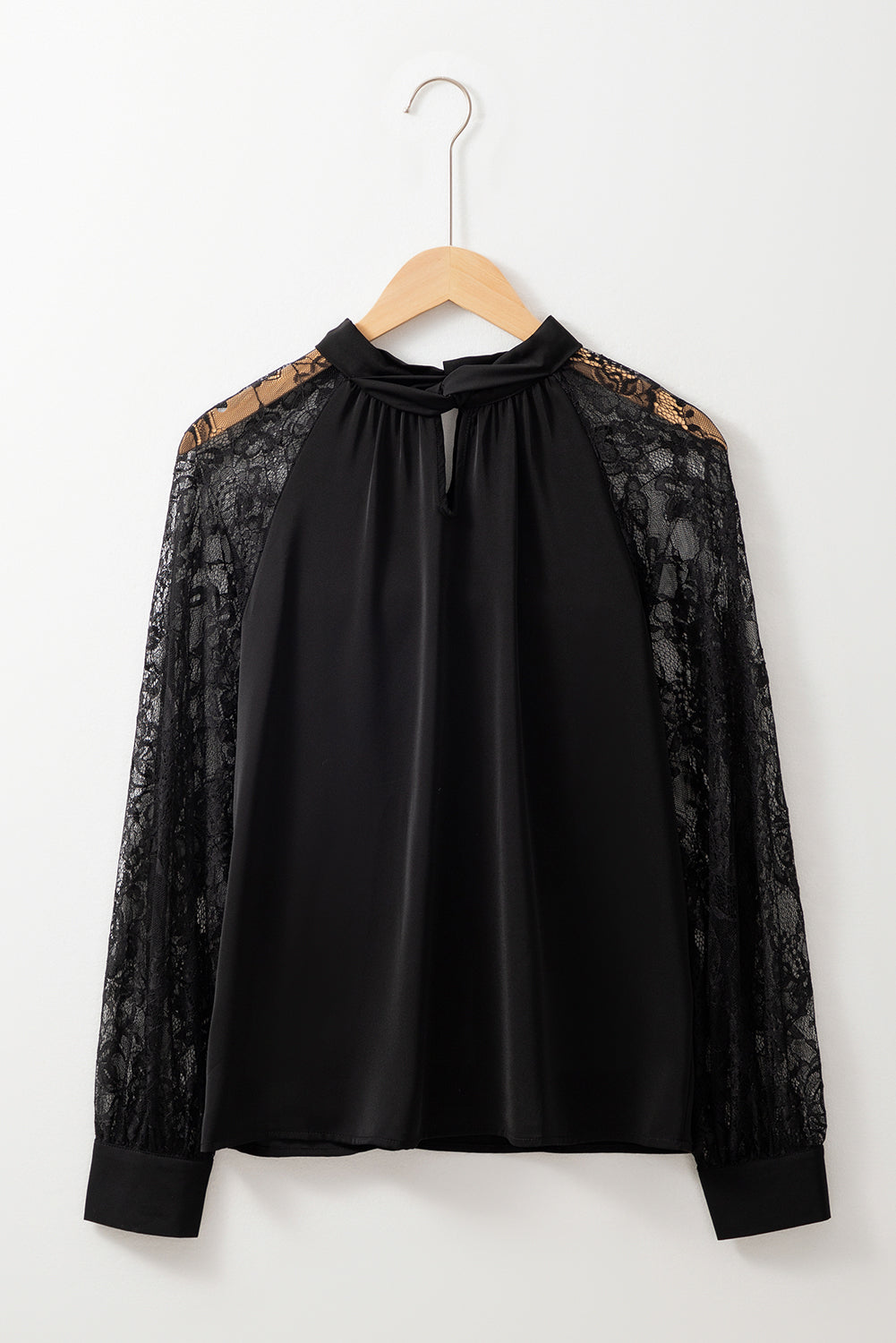 Black Keyhole Neckline Lace Splicing Raglan Sleeve Blouse - Kustom Kreations Goods