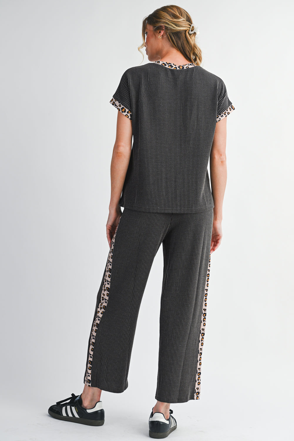 Carbon Grey Leopard Patchwork Trim Twisted Rib T Shirt and Cropped Pants Set - Kustom Kreations Goods