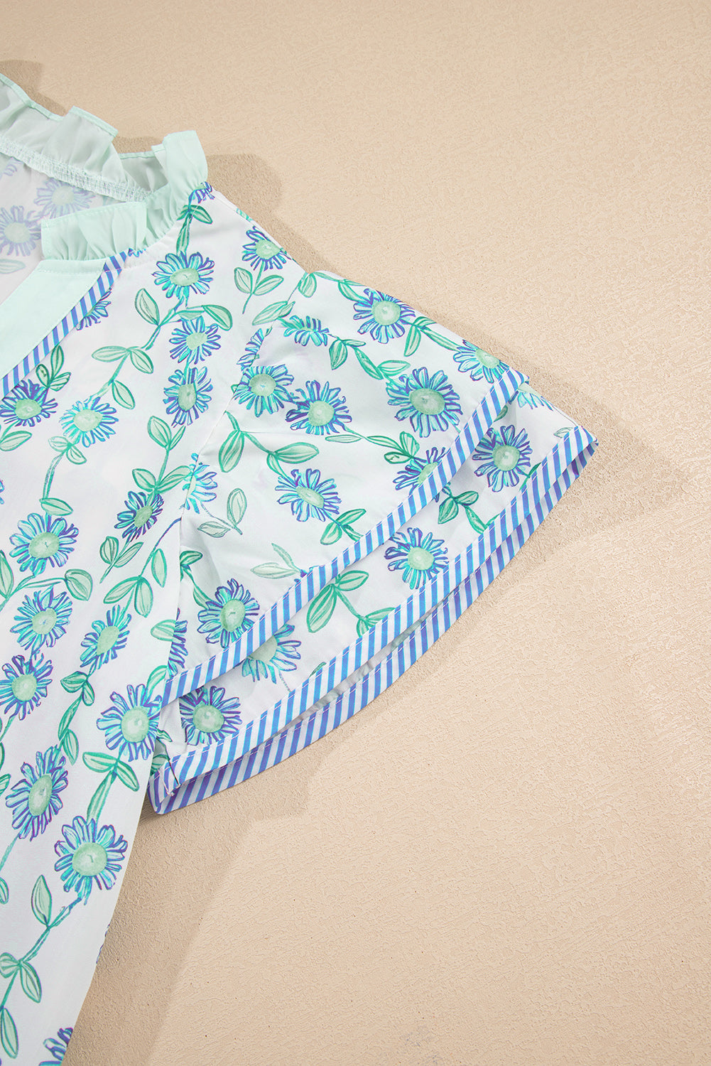Green Floral Print Striped Trim Contrast V Neck Patchwork Boho Blouse - Kustom Kreations Goods
