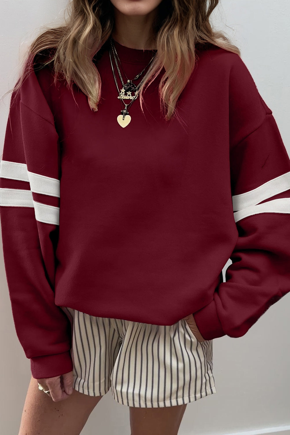 Fiery Red Preppy Striped Sleeve Loose Sweatshirt - Kustom Kreations Goods