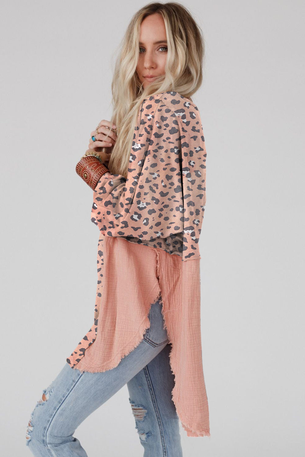 Pink Leopard Patchwork Raw Edge Oversized Top