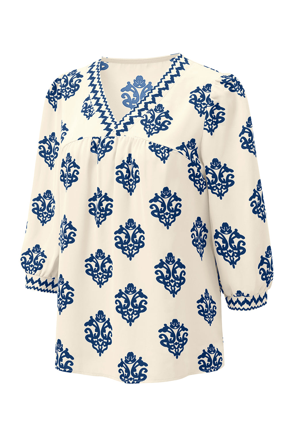 Green Damask Floral Print Contrast V Neck 3/4 Sleeve Blouse - Kustom Kreations Goods