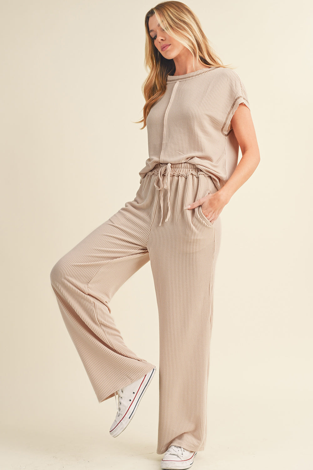 Parchment Exposed Seam Corded T shirt and Wide Leg Pants Set