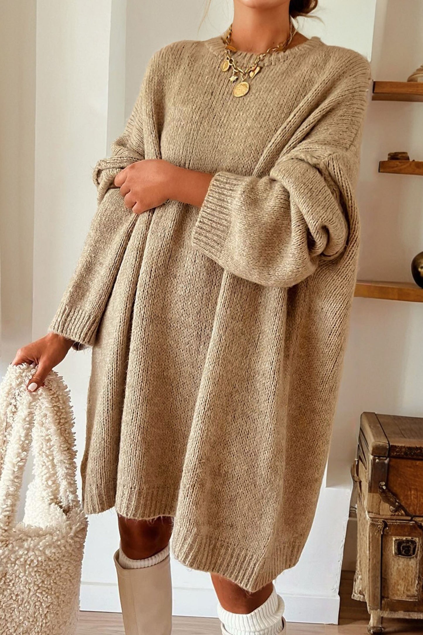 Pale Khaki Exposed Seam Drop Shoulder Oversize Sweater Mini Dress - Kustom Kreations Goods