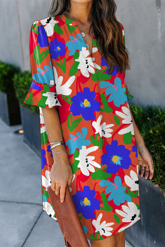 Rose Floral Print Mandarin Collar Short Sleeve Tunic Dress
