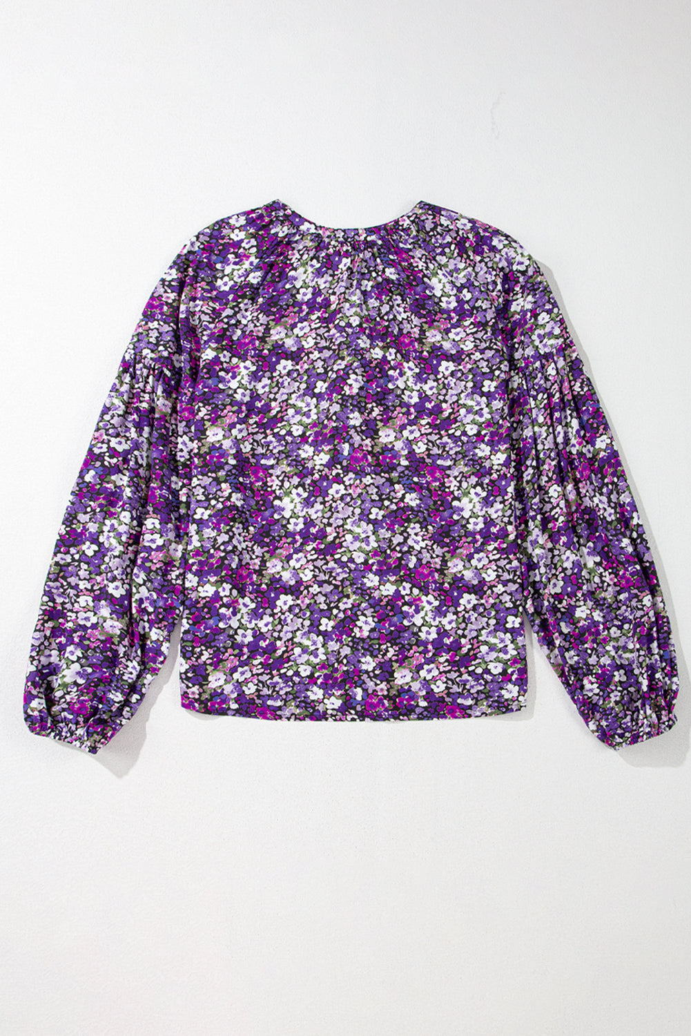 Purple Boho Ditsy Floral Split V Neck Bubble Sleeve Blouse