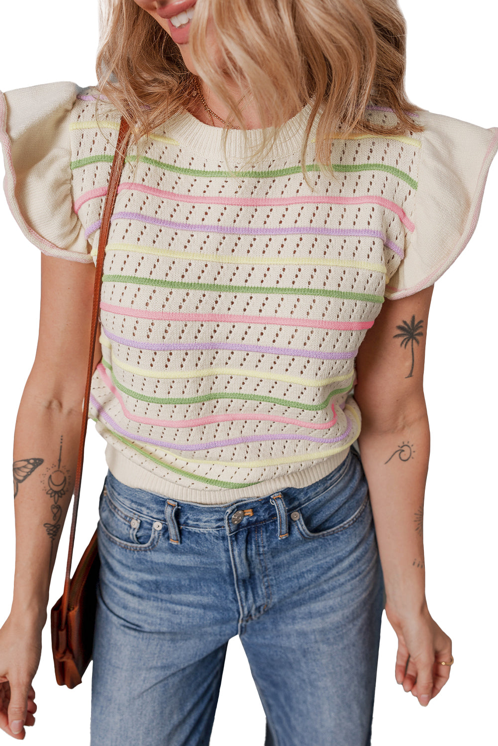 Oatmeal Colorful Striped Eyelet Knit Ruffle Top