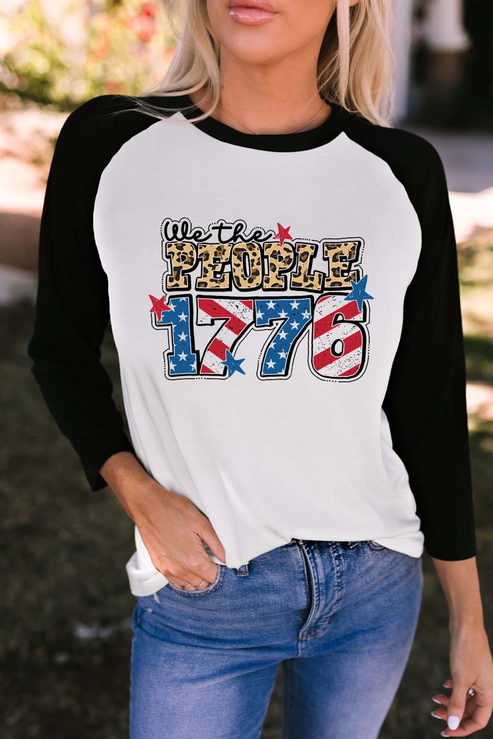 Raglan Sleeve Round Neck WE THE PEOPLE 1776 Graphic Tee