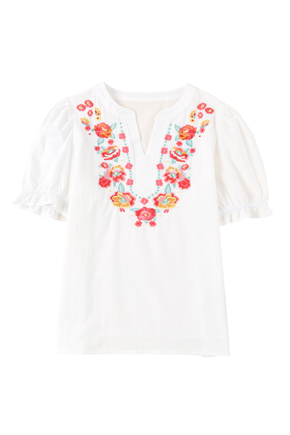 Black Floral Embroidered Boho Ruffle Puff Sleeve Blouse