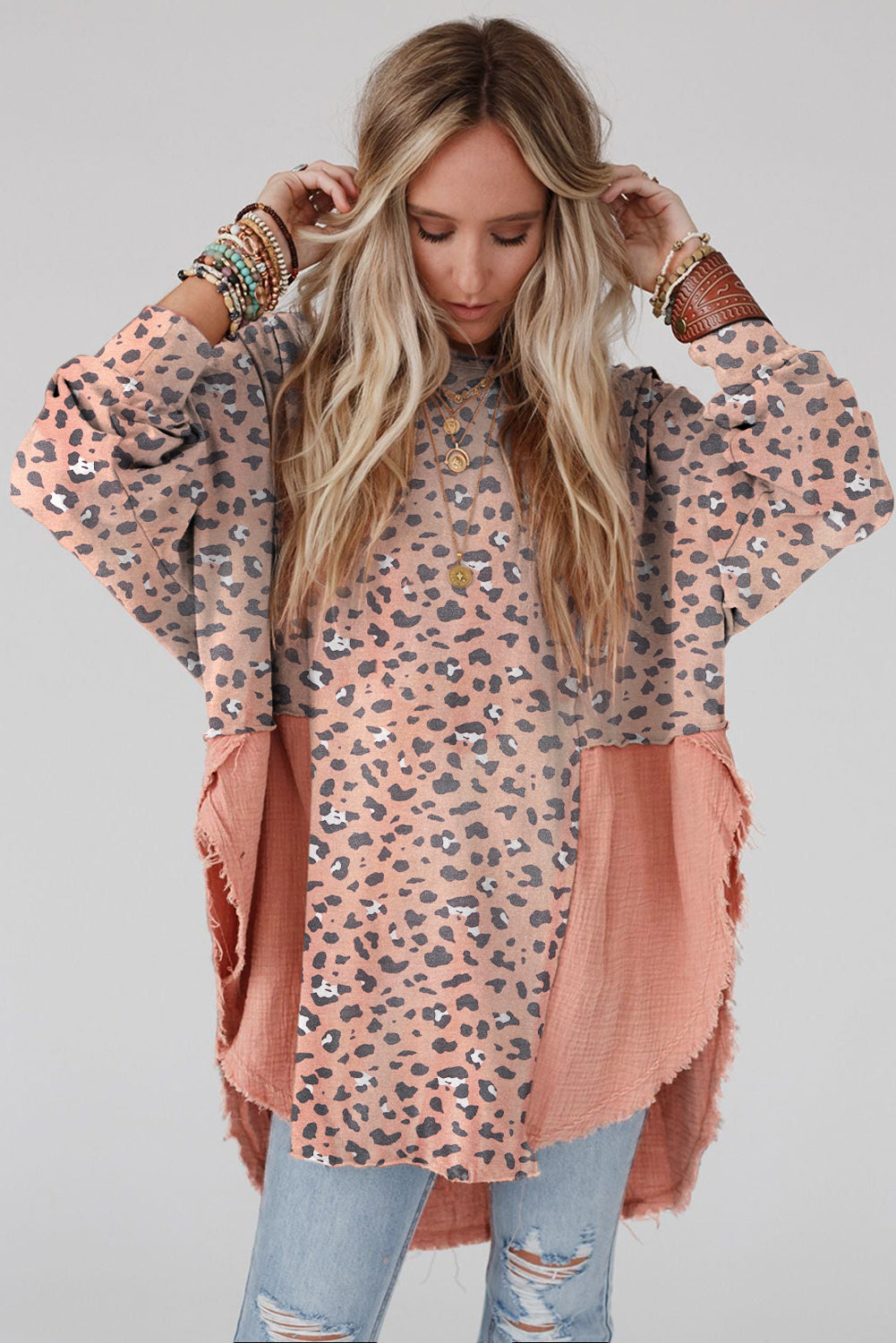 Pink Leopard Patchwork Raw Edge Oversized Top