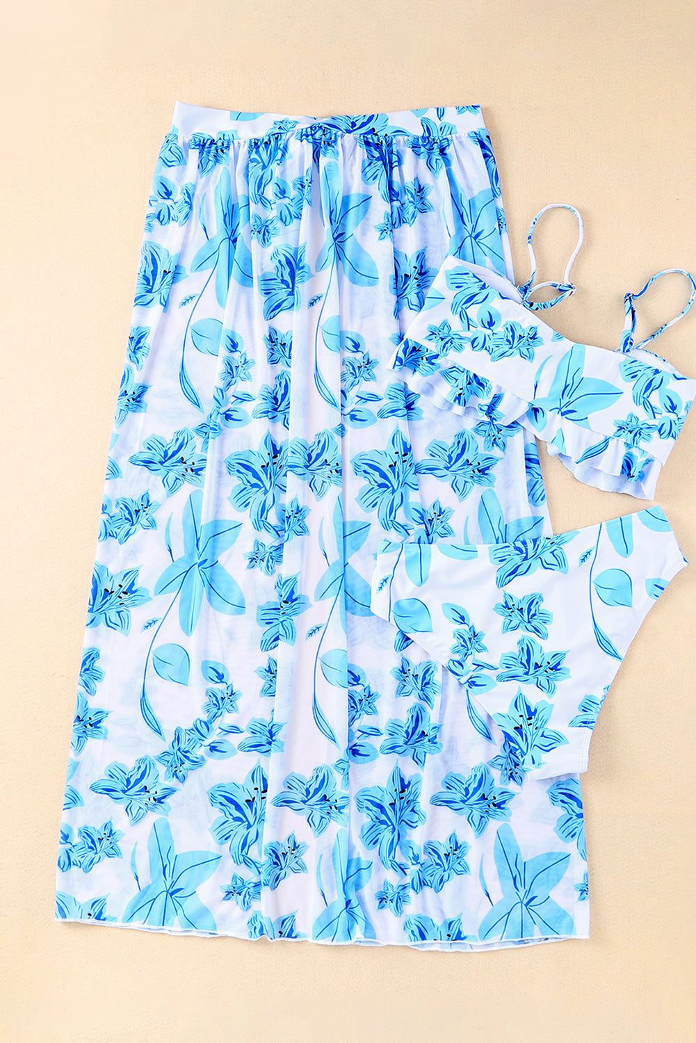 Light Blue Sexy Tropical Ruffle High Waisted Bikini Set With Sarong