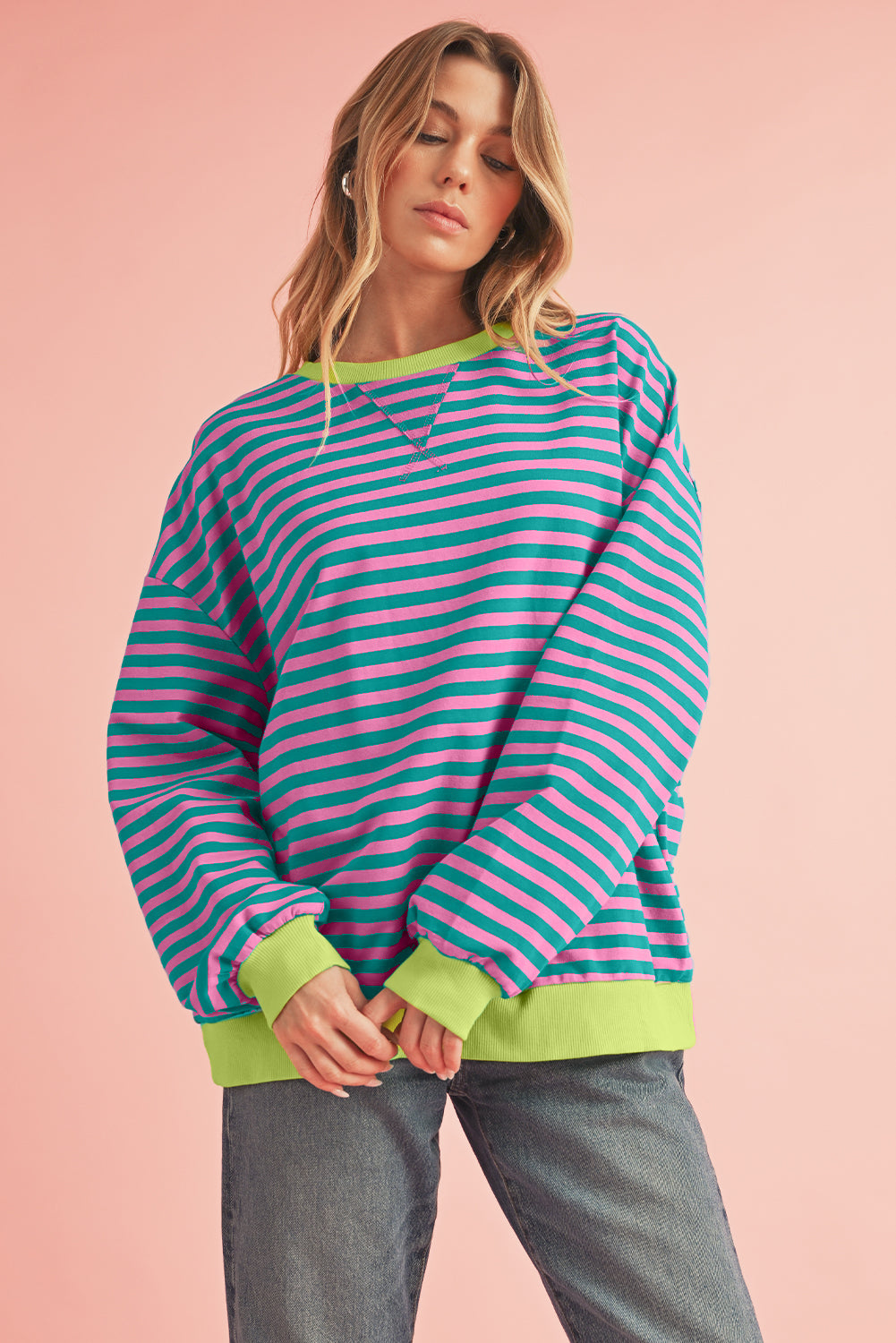 Blue Stripe Contrast Edge Cross Seam Oversized Pullover - Kustom Kreations Goods
