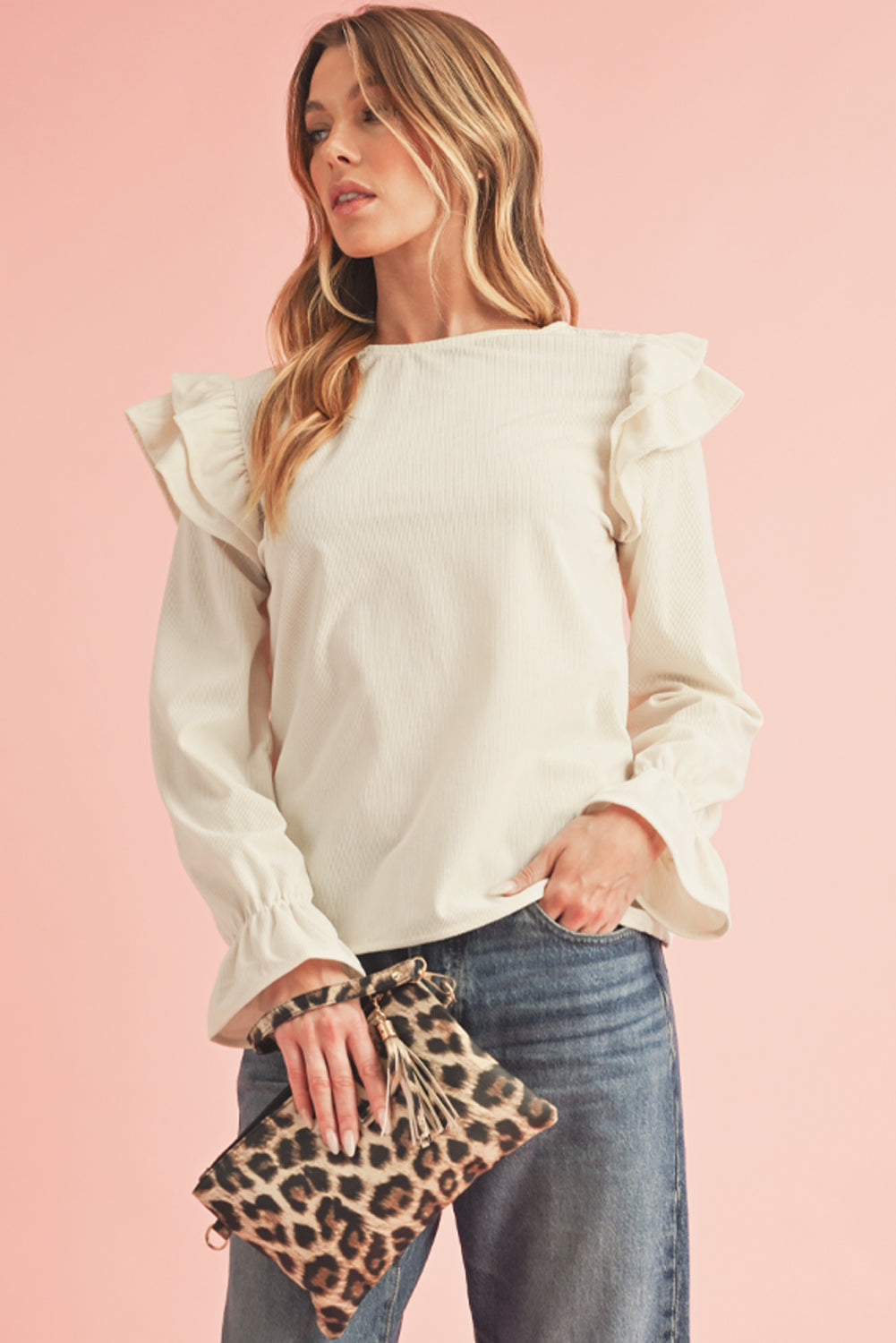 Beige Corduroy Round Neck Ruffled Flounce Sleeve Blouse - Kustom Kreations Goods