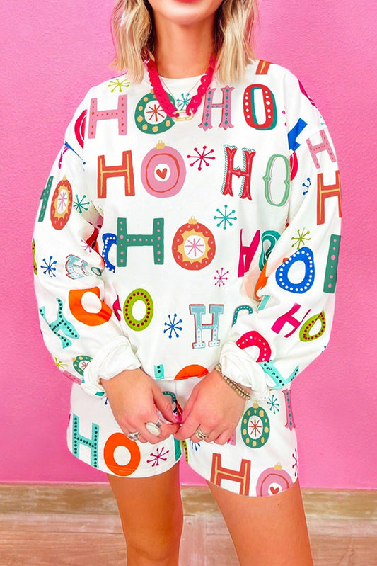 White Ho Ho Ho Letter Graphic Christmas Pajama Set