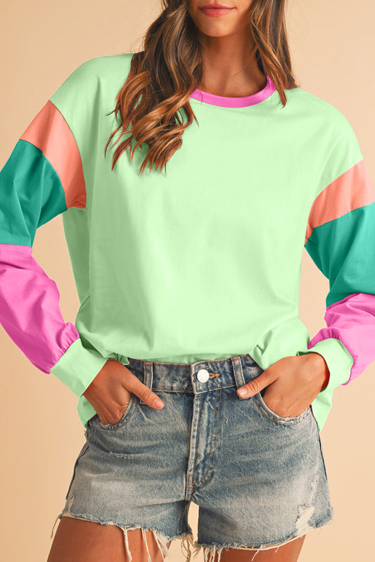Green Color Block Sleeve Loose Fit Top