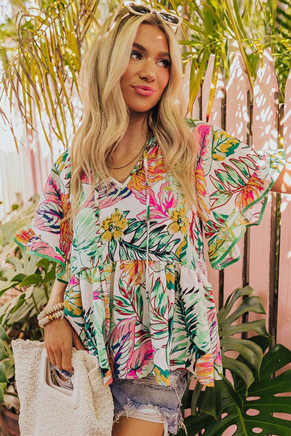 White Tropical Plant Print Tie Neck Ruffle Blouse