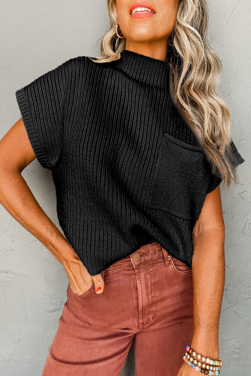 Oatmeal Patch Pocket Ribbed Knit Short Sleeve Sweater - Kustom Kreations Goods