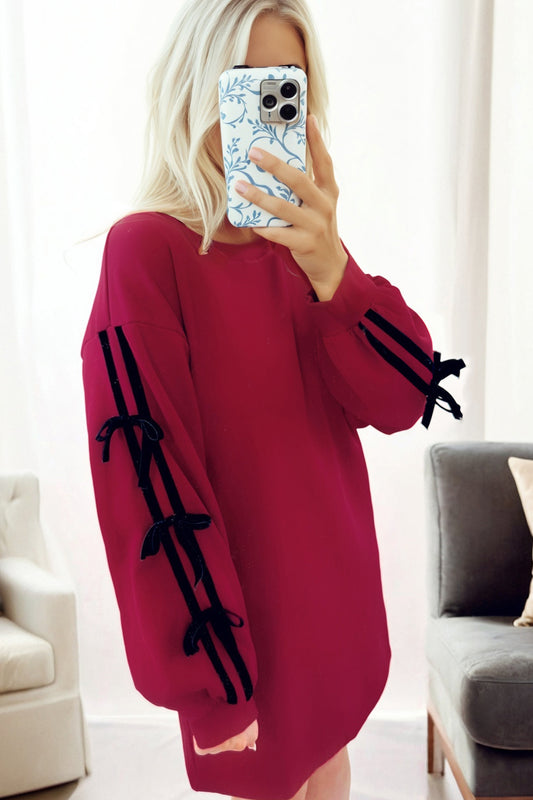 Racing Red Contrast Striped Bow Detail Drop Shoulder Sweatshirt Dress with Pockets