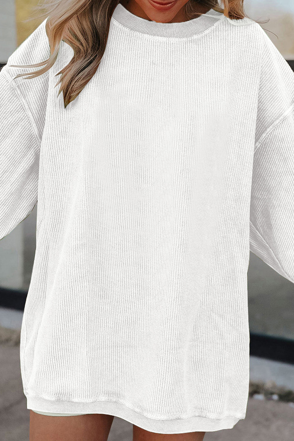 Orange Plain Drop Sleeve Rib-Knit Oversized Sweatshirt